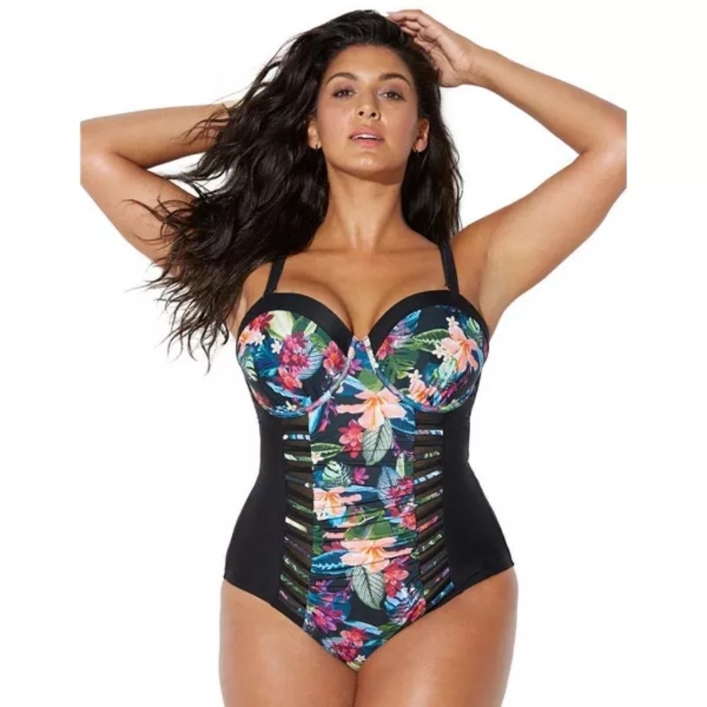 Swimsuits For All sz 18 Floral Black ruched underwire one piece swimsuit SW101
